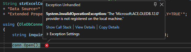 ‘ACE.OLEDB.12.0’ not registered