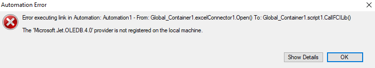 The 'Microsoft.Jet.OLEDB.4.0' provider is not registered on the machine.